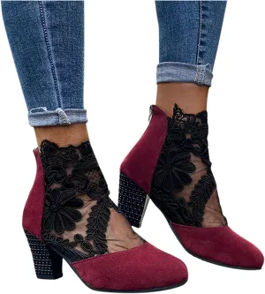 Sandals Women Dressy Summer, Sandals for Women Sexy Hollow Floral Lace Chunky High Heels Platform Boots Casual Boots