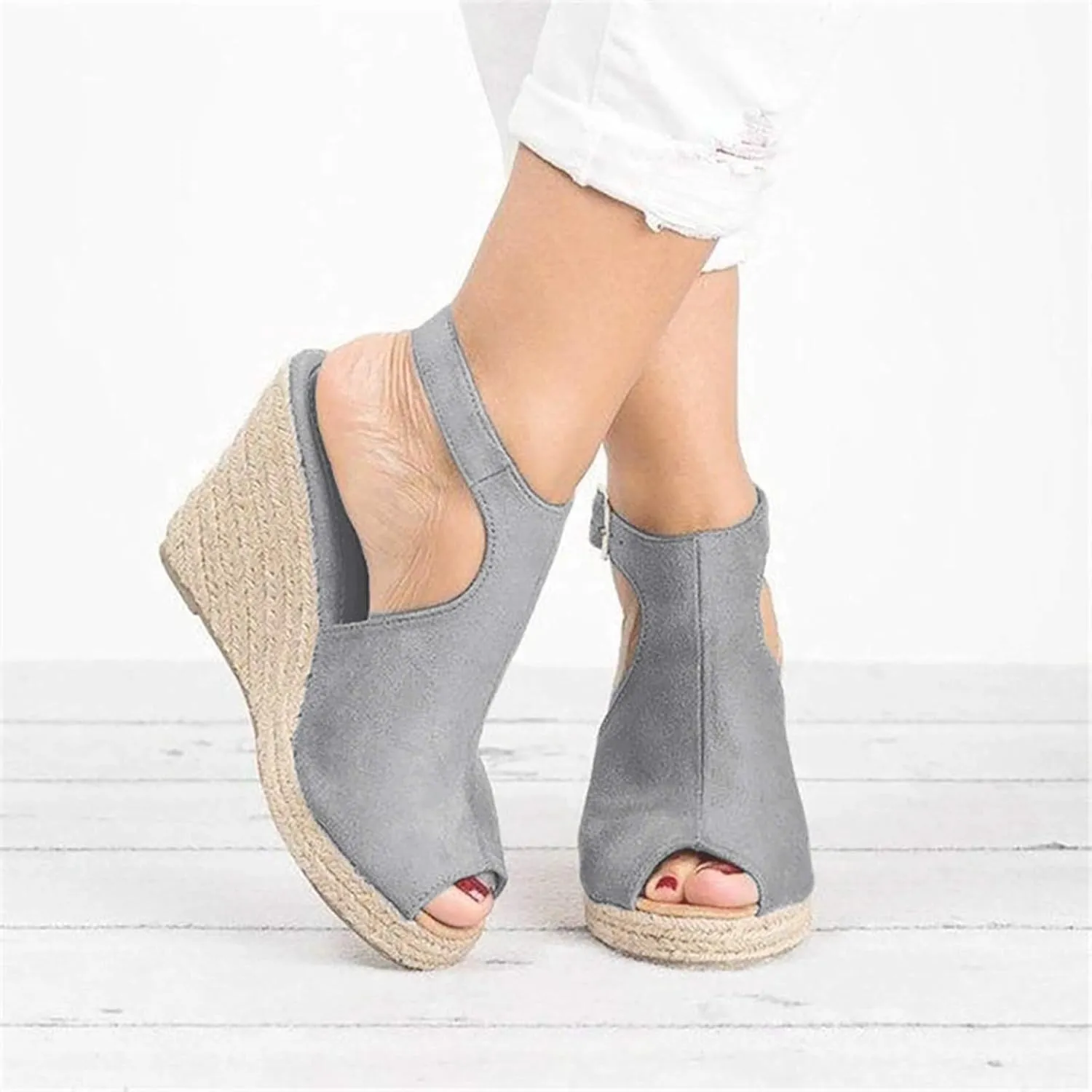 Sandals Women Dressy Summer Wedge, Womens Espadrille Wedge Sandals Open Toe Ankle Strap Buckle Platform Sandals Wedge High Heels Sandals Casual Summer Dress Shoes (a-Grey, 9)