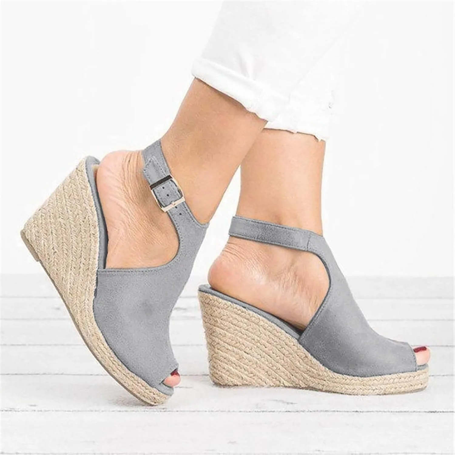 Sandals Women Dressy Summer Wedge, Womens Espadrille Wedge Sandals Open Toe Ankle Strap Buckle Platform Sandals Wedge High Heels Sandals Casual Summer Dress Shoes (a-Grey, 9)