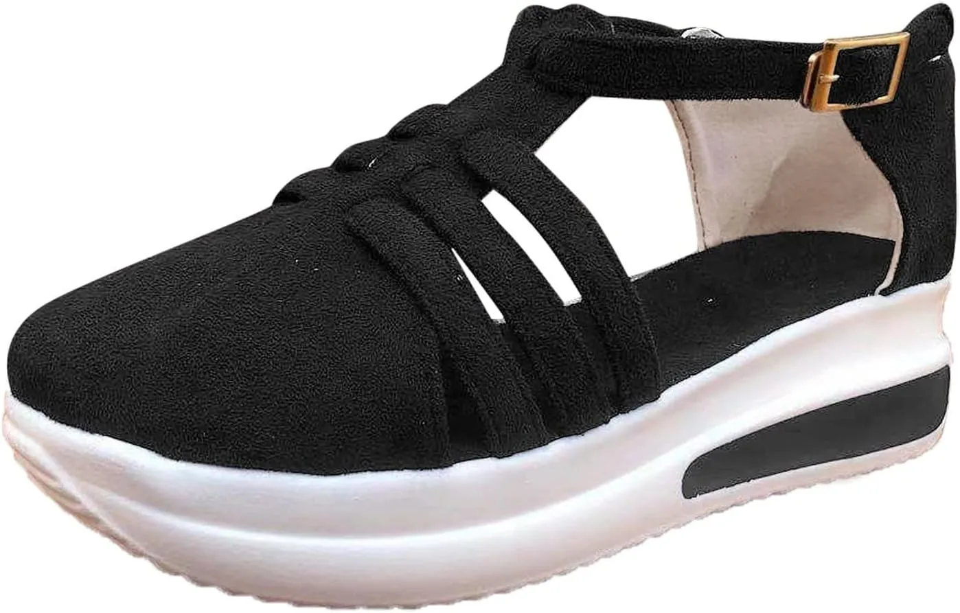 Sandals Women Wedges Platform,Wedge Sandals for Women Summer 2023 Women's Beach Casual Sandals Espadrilles Sandals Ankle Strap Buckle Closed Toe Wedge Sandal Flip Flops Outdoor Sandals (B/Black, 8)