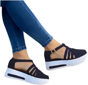 Sandals Women Wedges Platform,Wedge Sandals for Women Summer 2023 Women's Beach Casual Sandals Espadrilles Sandals Ankle Strap Buckle Closed Toe Wedge Sandal Flip Flops Outdoor Sandals (B/Black, 8)