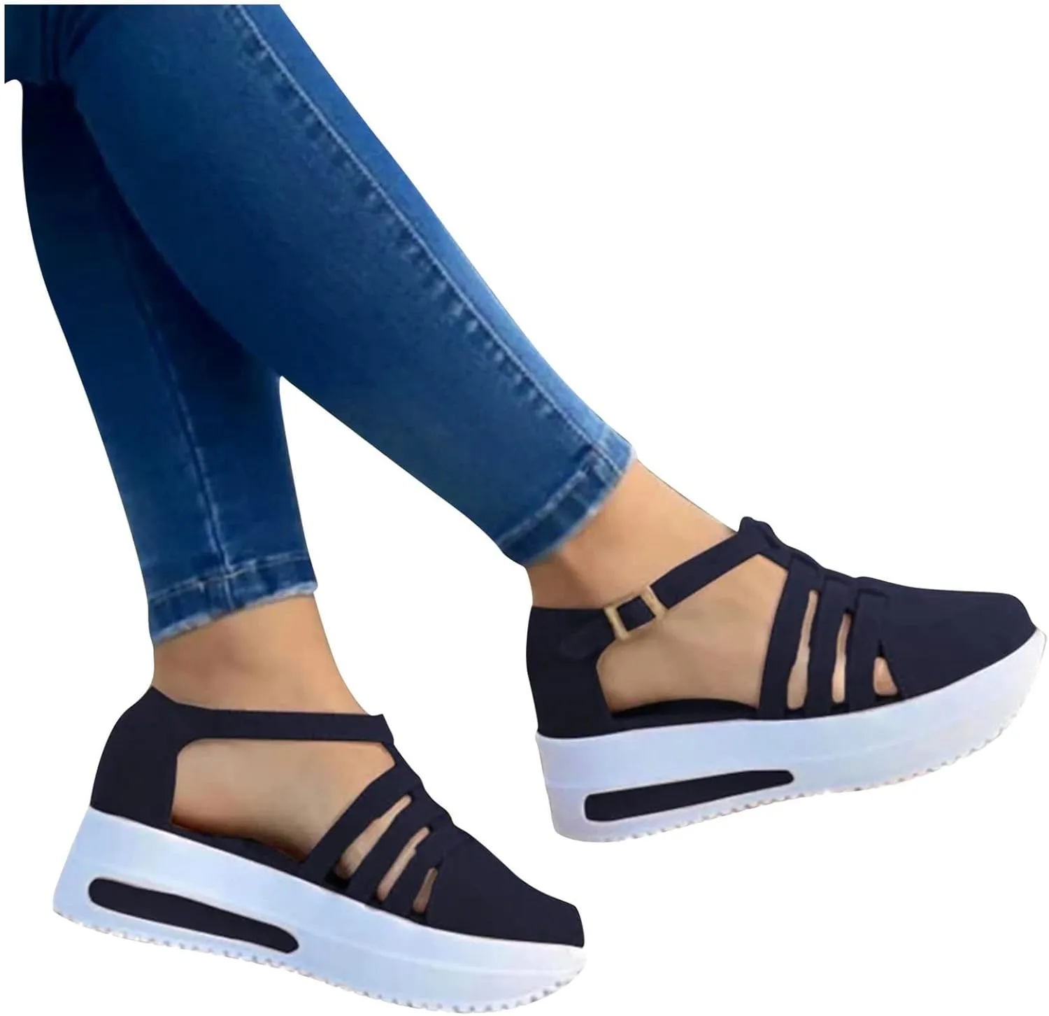Sandals Women Wedges Platform,Wedge Sandals for Women Summer 2023 Women's Beach Casual Sandals Espadrilles Sandals Ankle Strap Buckle Closed Toe Wedge Sandal Flip Flops Outdoor Sandals (B/Black, 8)