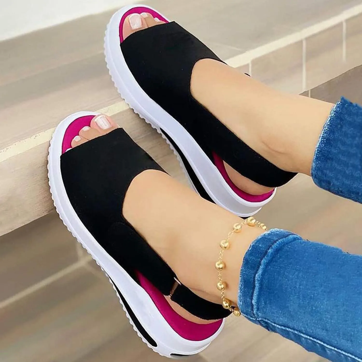 Sandals Women Wedges Platform,Wedge Sandals for Women Summer 2023 Women's Beach Casual Sandals Espadrilles Sandals Ankle Strap Buckle Open Toe Wedge Sandal Flip Flops Outdoor Sandals (A/Black, 8)