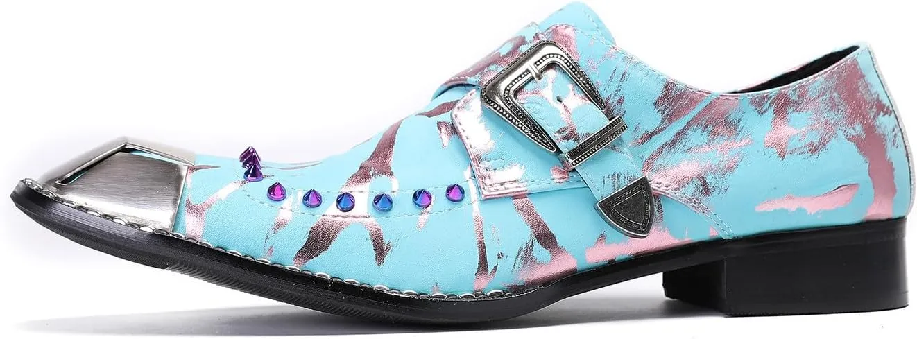 Santimon Mens Loafers Party Dress Casual Slip On Shoes Metal Sqaure Toe Leather Monk Strap Loafers Wedding Western Disco Fashion Prom Colorful Beads Shoes for Men