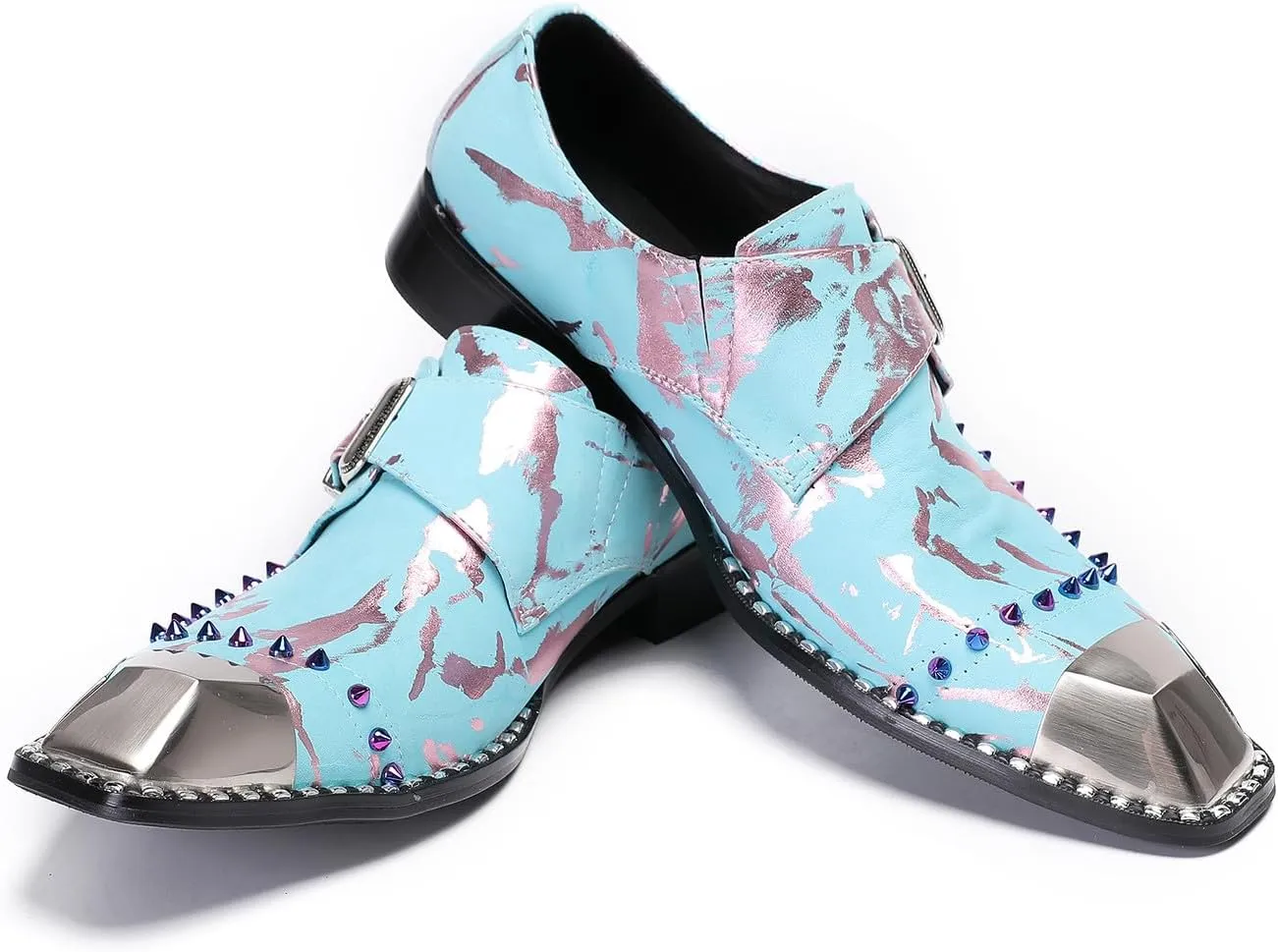 Santimon Mens Loafers Party Dress Casual Slip On Shoes Metal Sqaure Toe Leather Monk Strap Loafers Wedding Western Disco Fashion Prom Colorful Beads Shoes for Men