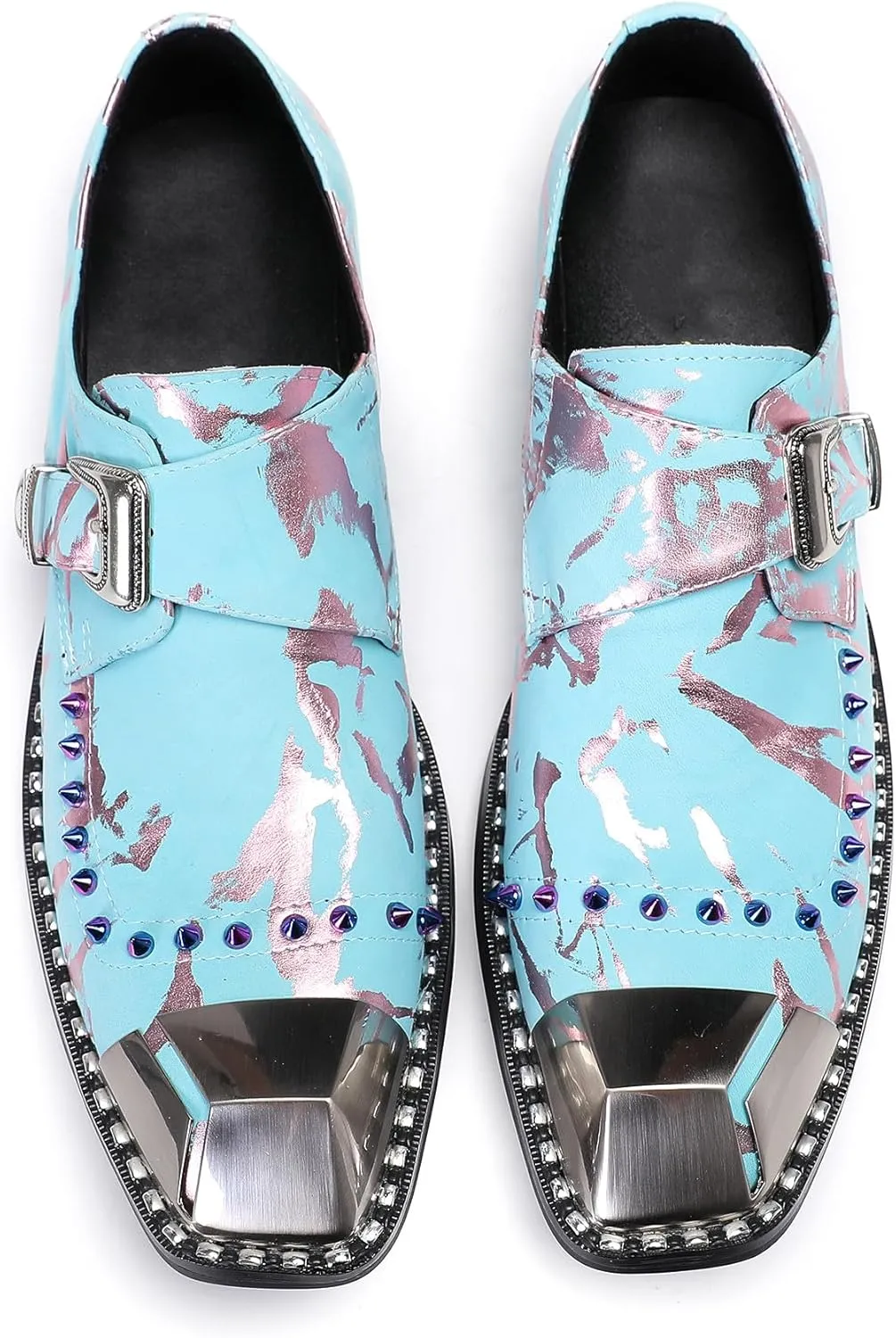 Santimon Mens Loafers Party Dress Casual Slip On Shoes Metal Sqaure Toe Leather Monk Strap Loafers Wedding Western Disco Fashion Prom Colorful Beads Shoes for Men