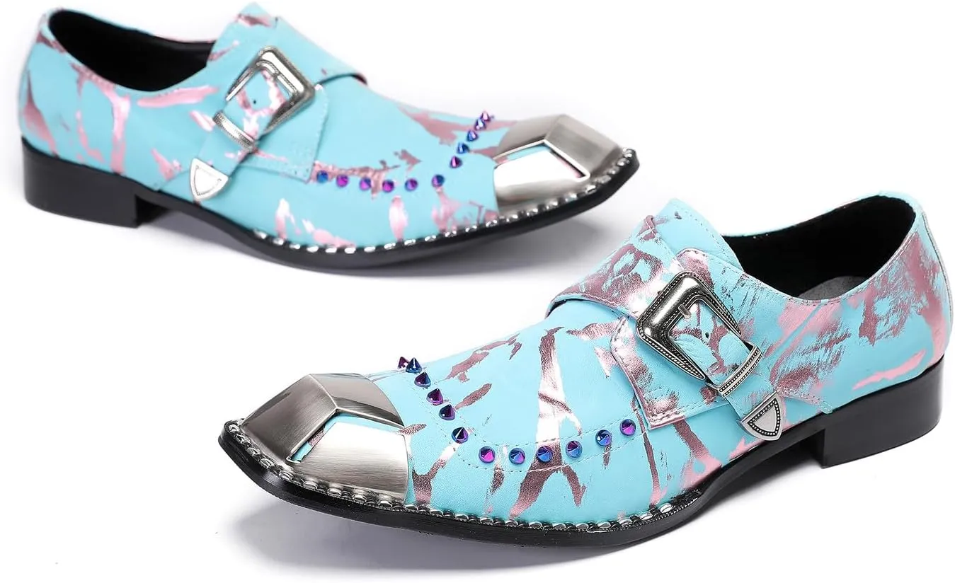 Santimon Mens Loafers Party Dress Casual Slip On Shoes Metal Sqaure Toe Leather Monk Strap Loafers Wedding Western Disco Fashion Prom Colorful Beads Shoes for Men