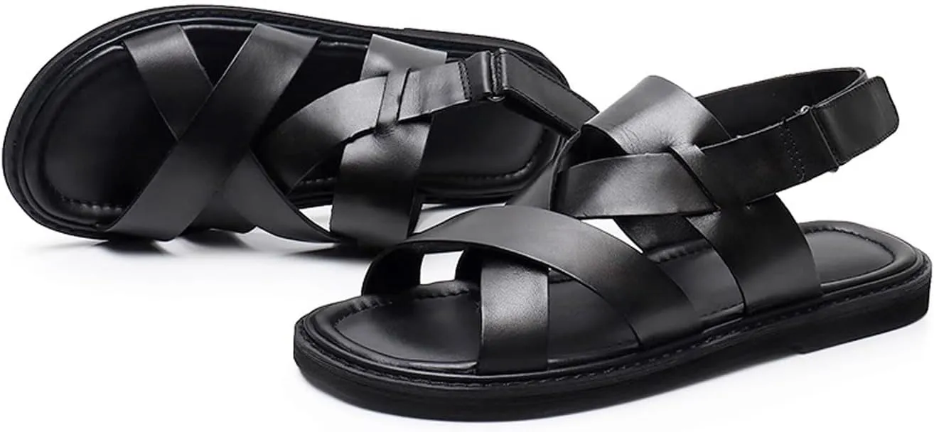 Santimon Mens Sandals Black Dress Slippers Open Toe Cowhide Leather Casual Shoes for Men Summer Beach Sandals Stylish Comfortable Non-Slip Wear-Resistant Loafers Shoes