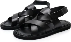 Santimon Mens Sandals Black Dress Slippers Open Toe Cowhide Leather Casual Shoes for Men Summer Beach Sandals Stylish Comfortable Non-Slip Wear-Resistant Loafers Shoes