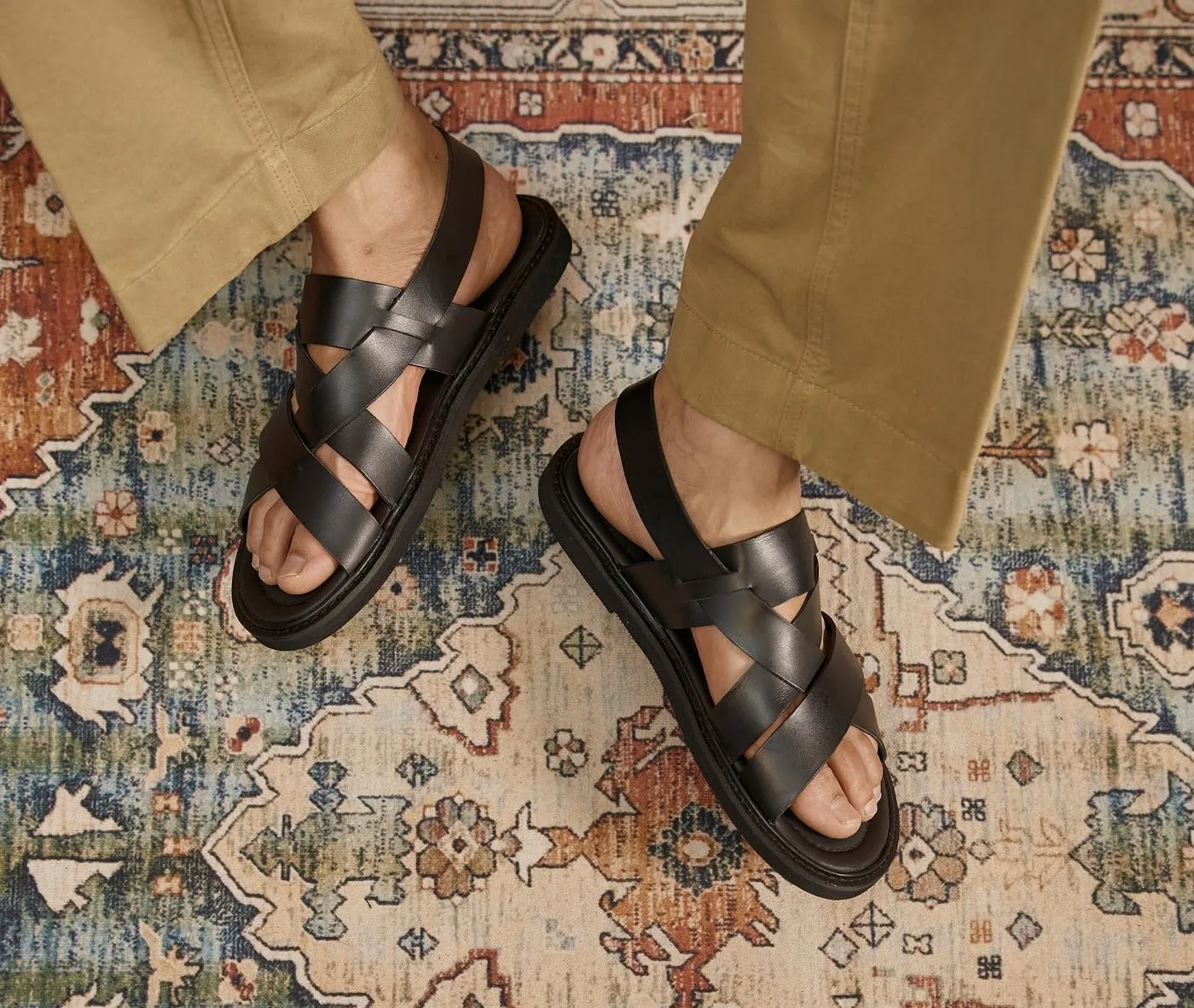 Santimon Mens Sandals Black Dress Slippers Open Toe Cowhide Leather Casual Shoes for Men Summer Beach Sandals Stylish Comfortable Non-Slip Wear-Resistant Loafers Shoes