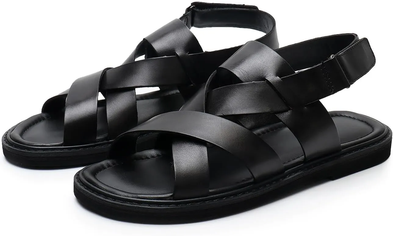 Santimon Mens Sandals Black Dress Slippers Open Toe Cowhide Leather Casual Shoes for Men Summer Beach Sandals Stylish Comfortable Non-Slip Wear-Resistant Loafers Shoes