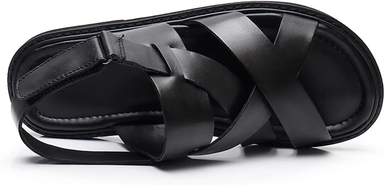 Santimon Mens Sandals Black Dress Slippers Open Toe Cowhide Leather Casual Shoes for Men Summer Beach Sandals Stylish Comfortable Non-Slip Wear-Resistant Loafers Shoes