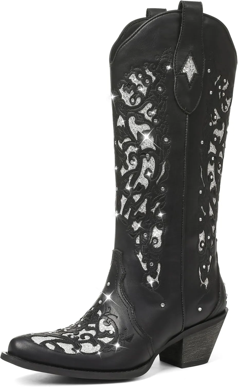 SaraIris Black Cowgirl Boots for Women Cowboy Boots Western Boots Chunky Heel Pointed Toe Pull On Rhinestones Knee High Boots