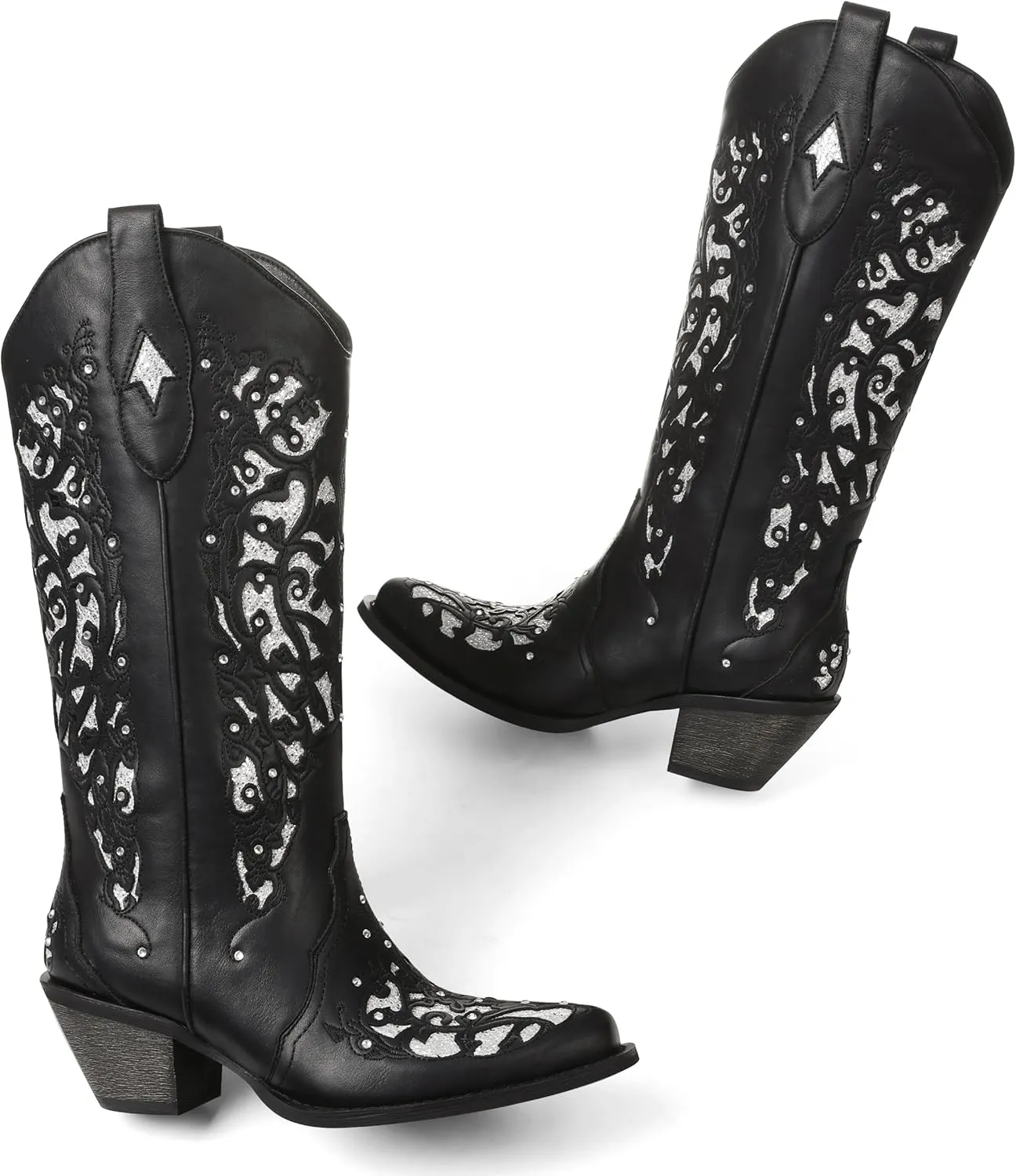 SaraIris Black Cowgirl Boots for Women Cowboy Boots Western Boots Chunky Heel Pointed Toe Pull On Rhinestones Knee High Boots
