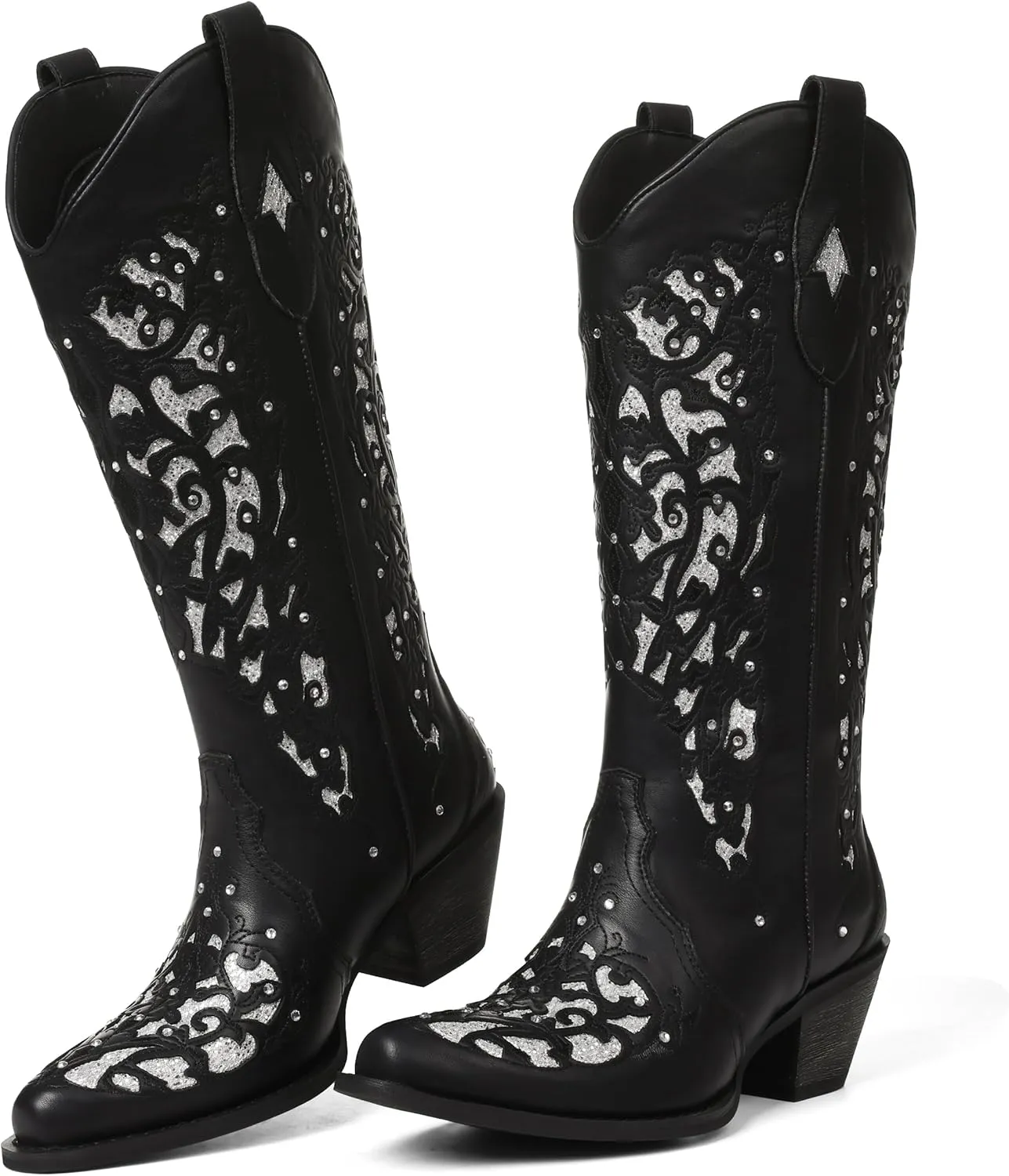 SaraIris Black Cowgirl Boots for Women Cowboy Boots Western Boots Chunky Heel Pointed Toe Pull On Rhinestones Knee High Boots