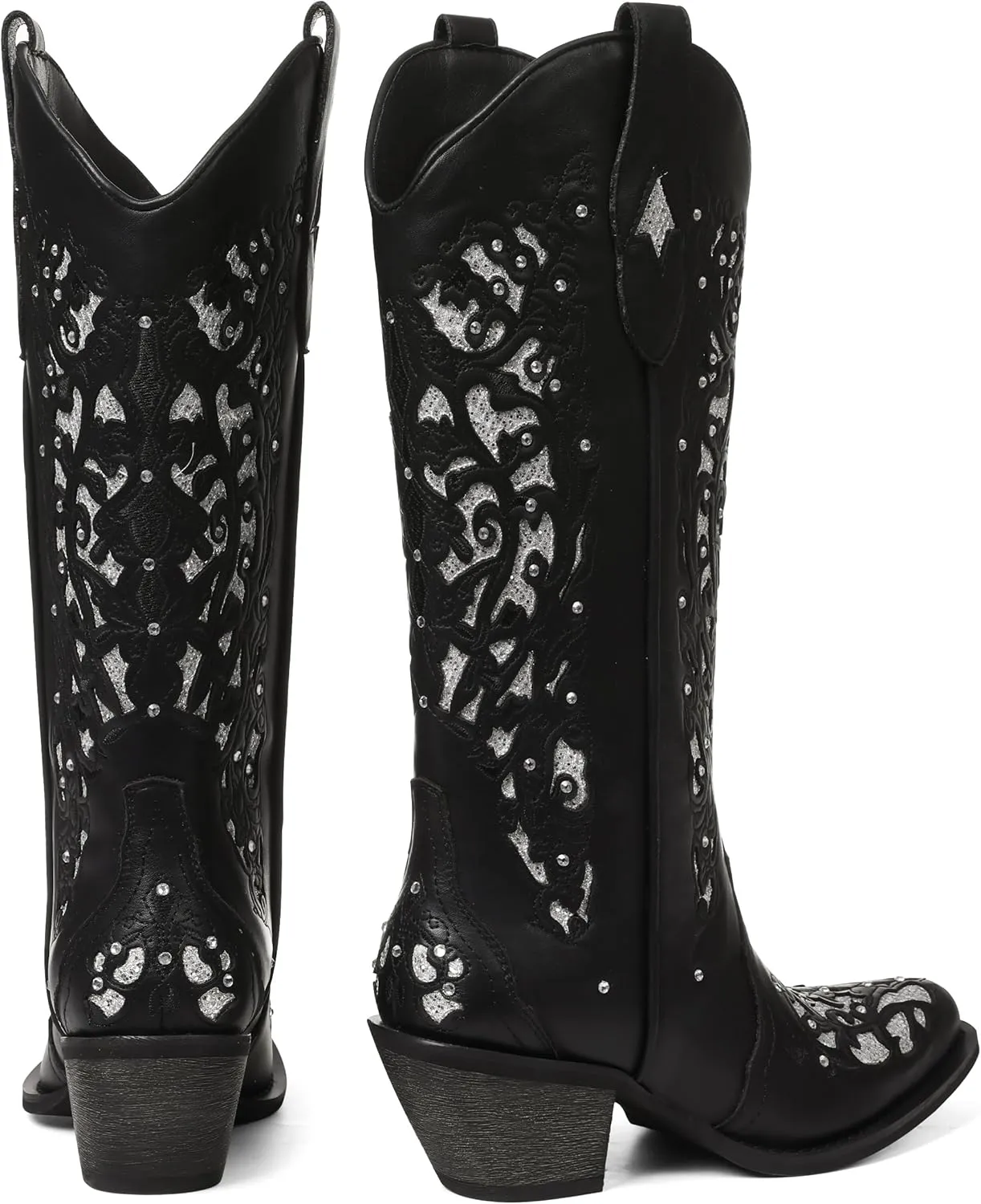SaraIris Black Cowgirl Boots for Women Cowboy Boots Western Boots Chunky Heel Pointed Toe Pull On Rhinestones Knee High Boots