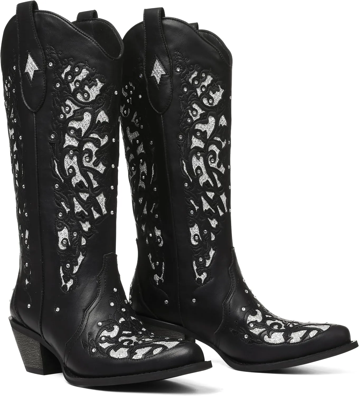 SaraIris Black Cowgirl Boots for Women Cowboy Boots Western Boots Chunky Heel Pointed Toe Pull On Rhinestones Knee High Boots