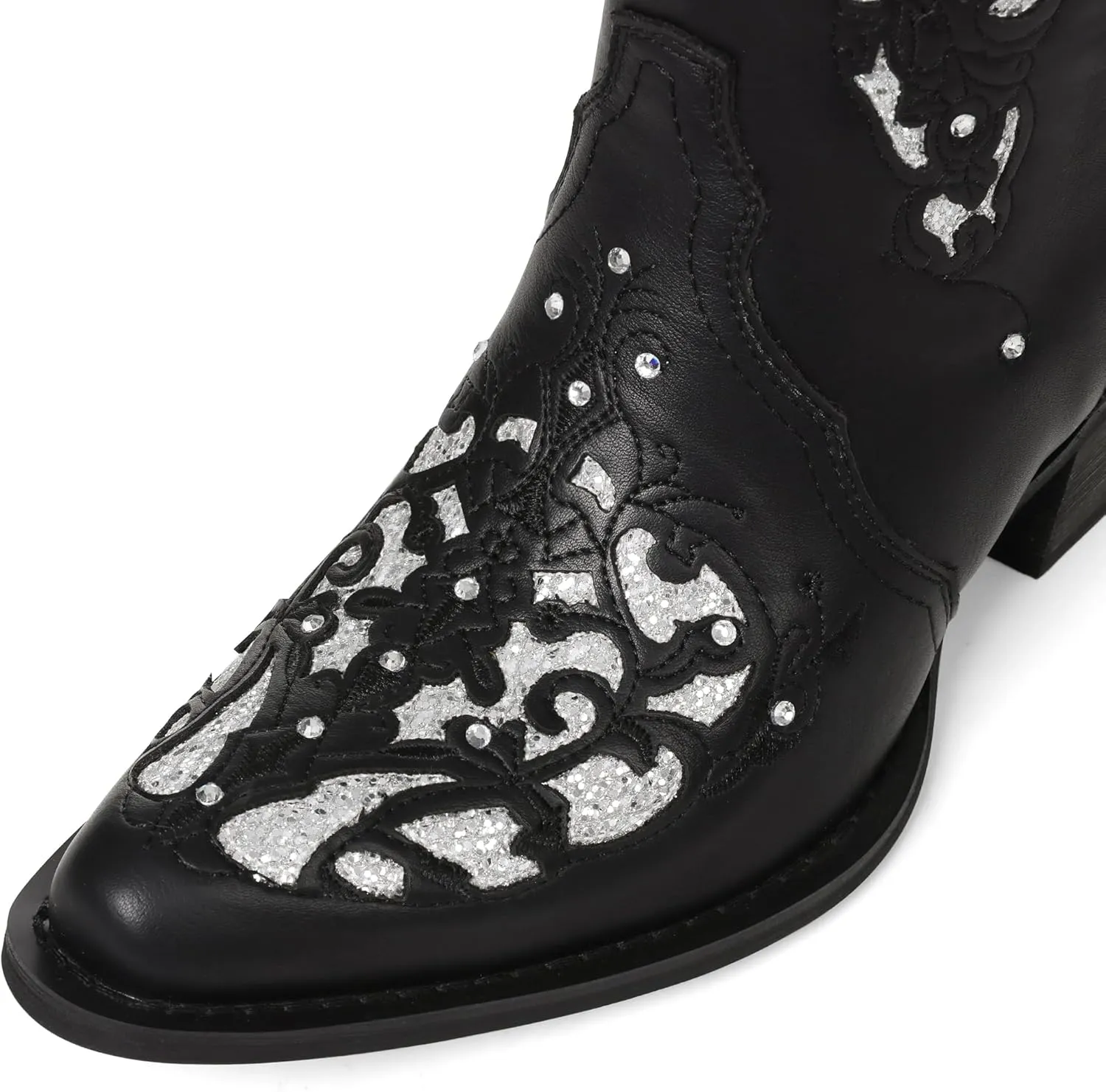 SaraIris Black Cowgirl Boots for Women Cowboy Boots Western Boots Chunky Heel Pointed Toe Pull On Rhinestones Knee High Boots