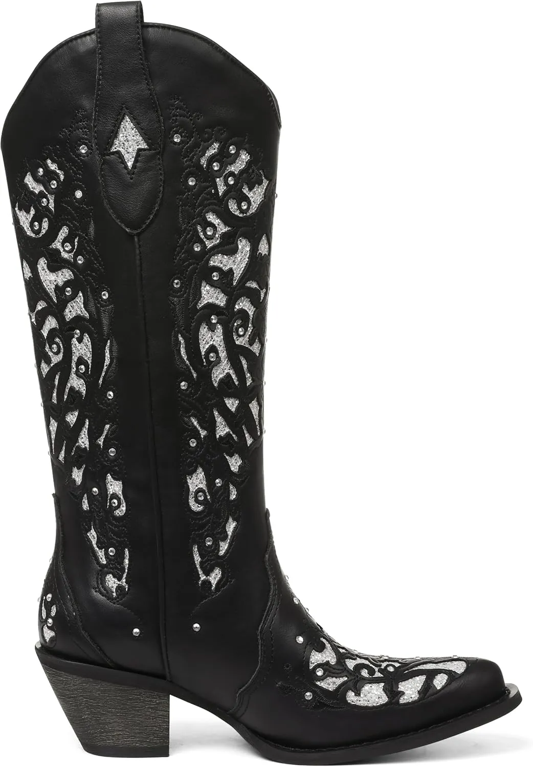 SaraIris Black Cowgirl Boots for Women Cowboy Boots Western Boots Chunky Heel Pointed Toe Pull On Rhinestones Knee High Boots
