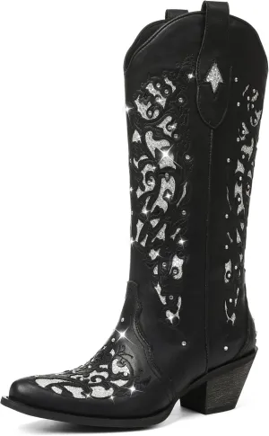SaraIris Black Cowgirl Boots for Women Cowboy Boots Western Boots Chunky Heel Pointed Toe Pull On Rhinestones Knee High Boots