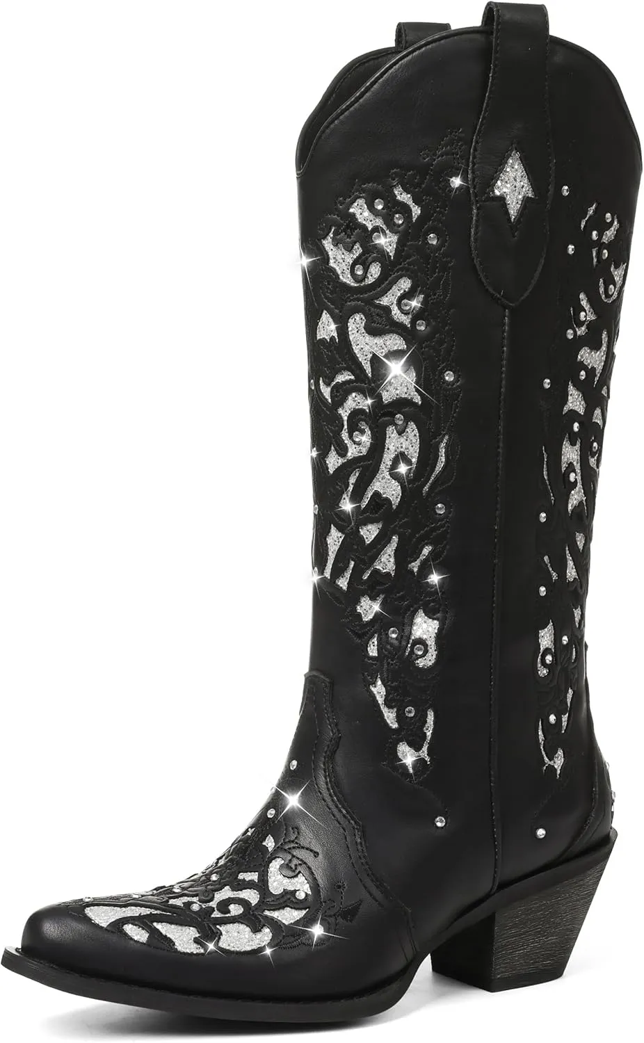 SaraIris Black Cowgirl Boots for Women Cowboy Boots Western Boots Chunky Heel Pointed Toe Pull On Rhinestones Knee High Boots