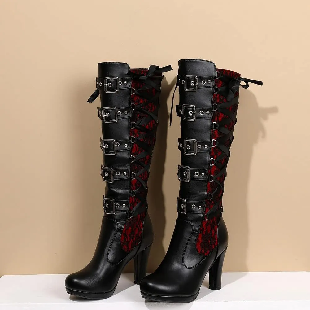 SaraIris Women's Vintage Boots Chunky High Heel Platform Knee High Boots Buckle Lace Goth Punk Knight Boots Over the Knee Boots Thigh High Boots for Women