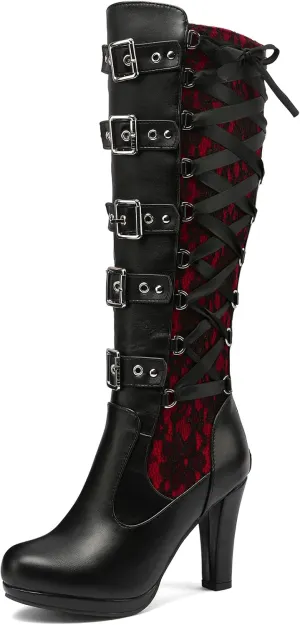SaraIris Women's Vintage Boots Chunky High Heel Platform Knee High Boots Buckle Lace Goth Punk Knight Boots Over the Knee Boots Thigh High Boots for Women