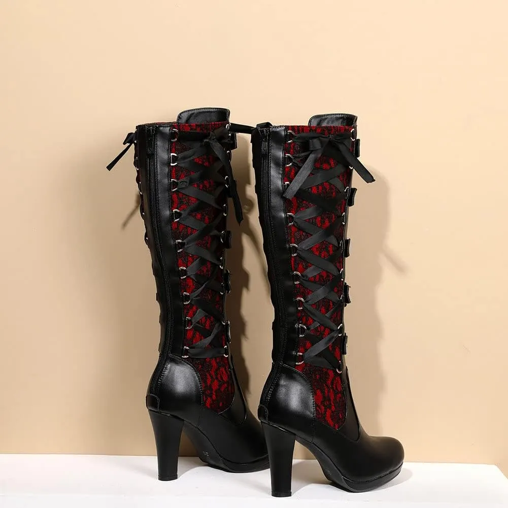 SaraIris Women's Vintage Boots Chunky High Heel Platform Knee High Boots Buckle Lace Goth Punk Knight Boots Over the Knee Boots Thigh High Boots for Women