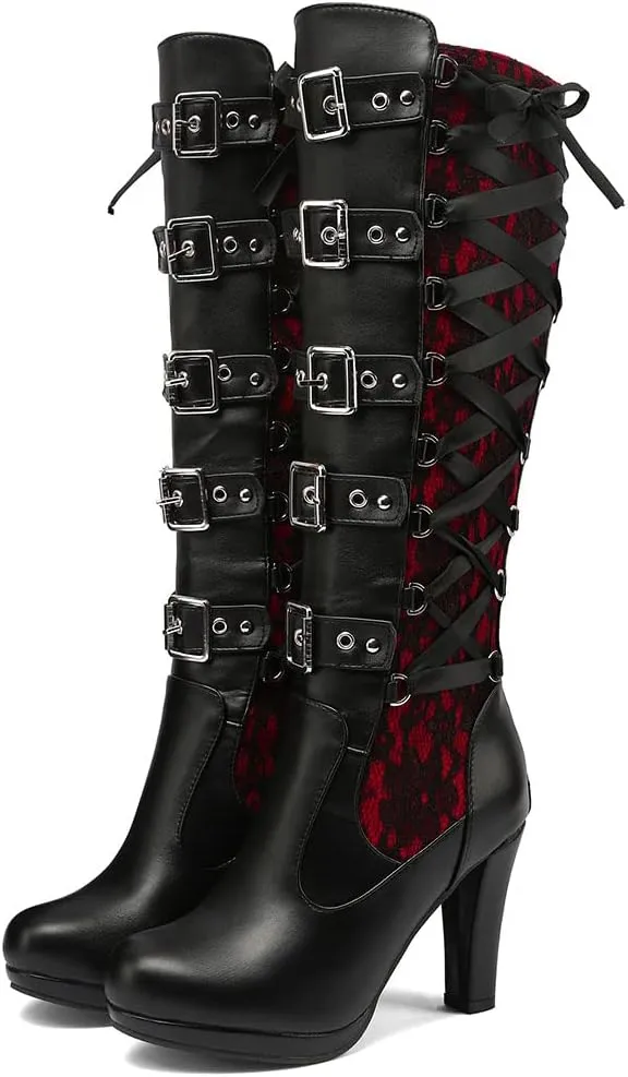 SaraIris Women's Vintage Boots Chunky High Heel Platform Knee High Boots Buckle Lace Goth Punk Knight Boots Over the Knee Boots Thigh High Boots for Women