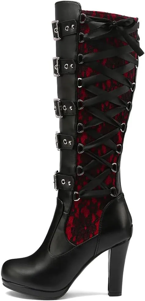SaraIris Women's Vintage Boots Chunky High Heel Platform Knee High Boots Buckle Lace Goth Punk Knight Boots Over the Knee Boots Thigh High Boots for Women