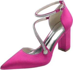 Satin Wedding Shoes for Bride Beaded Pointed Toe Block Sandals Pumps with Heels Heeled Closed Toe Ankle Buckle Strap Evening Party Dress Shoes Summer
