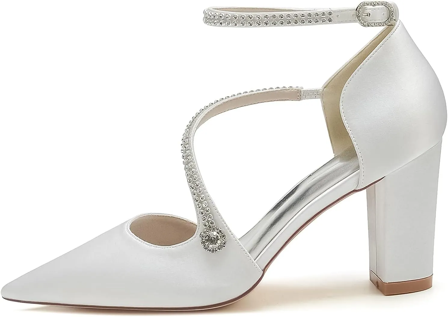 Satin Wedding Shoes for Bride Beaded Pointed Toe Block Sandals Pumps with Heels Heeled Closed Toe Ankle Buckle Strap Evening Party Dress Shoes Summer