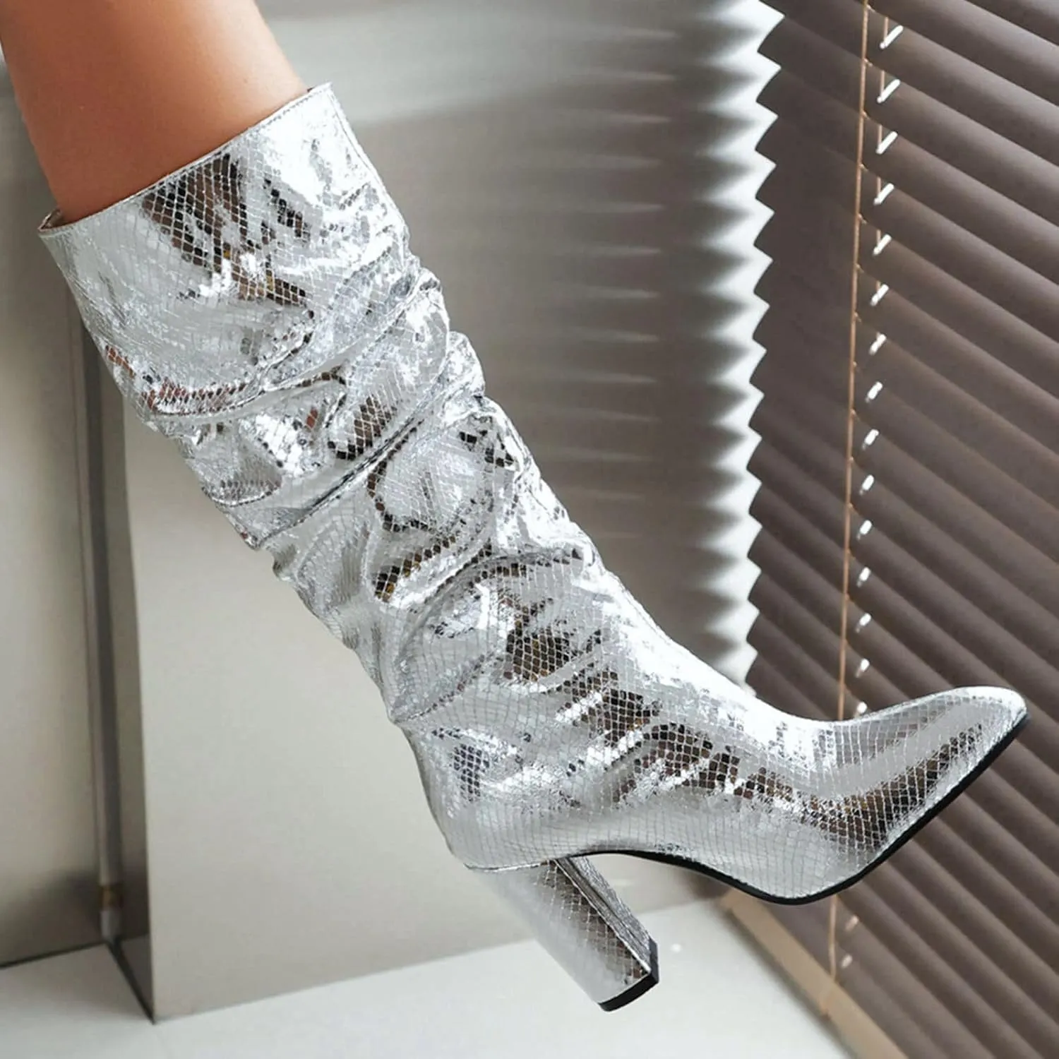 Seborluys Women Glitter Slouchy Knee High Boots Pointed Toe Chunky Heel Knee Length Boots Pull On Fashion Dress Boot