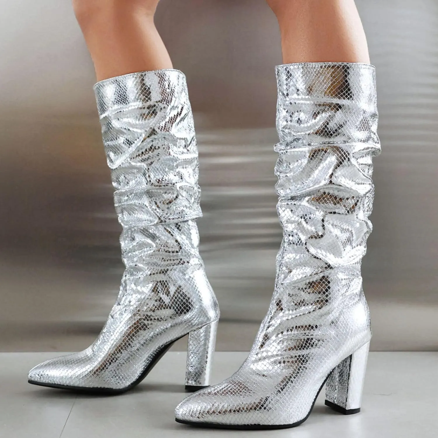 Seborluys Women Glitter Slouchy Knee High Boots Pointed Toe Chunky Heel Knee Length Boots Pull On Fashion Dress Boot