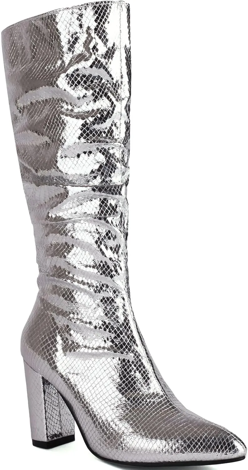 Seborluys Women Glitter Slouchy Knee High Boots Pointed Toe Chunky Heel Knee Length Boots Pull On Fashion Dress Boot