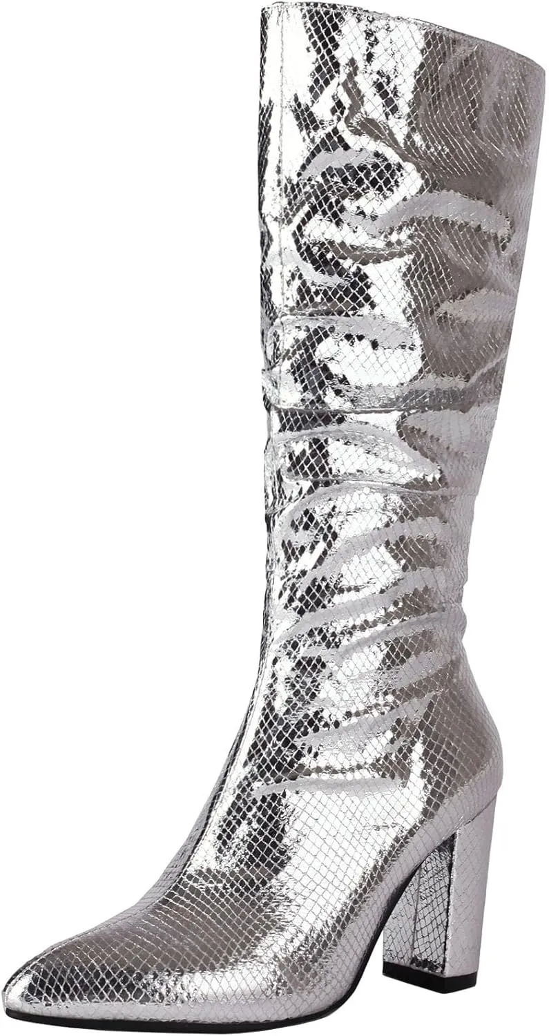 Seborluys Women Glitter Slouchy Knee High Boots Pointed Toe Chunky Heel Knee Length Boots Pull On Fashion Dress Boot