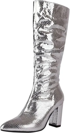 Seborluys Women Glitter Slouchy Knee High Boots Pointed Toe Chunky Heel Knee Length Boots Pull On Fashion Dress Boot
