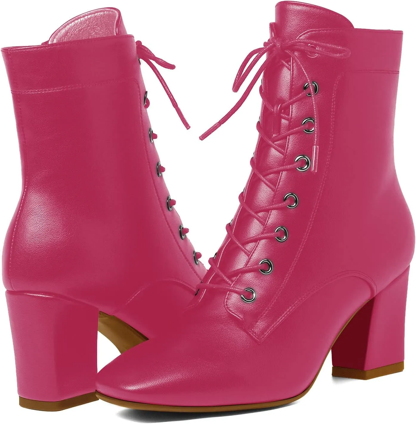 SEIFIN Women's Square Toe Chunky Heels Ankle Boots Block High Heeled Lace Up Short Booties Shoes