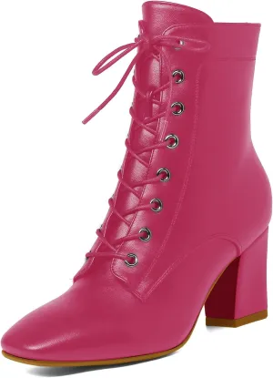 SEIFIN Women's Square Toe Chunky Heels Ankle Boots Block High Heeled Lace Up Short Booties Shoes