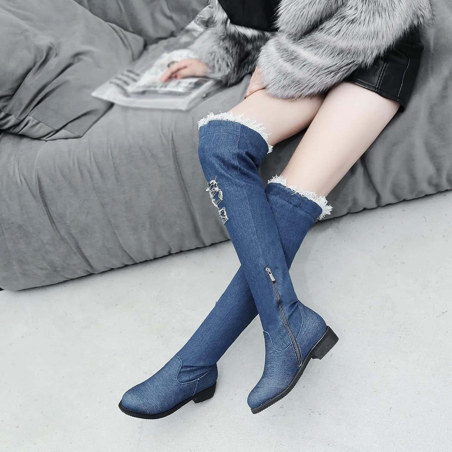 SHEMEE Women's Denim Low Heels Over The Knee Boots Flat Thigh High Boots Round Toe Side Zipper Long Boots