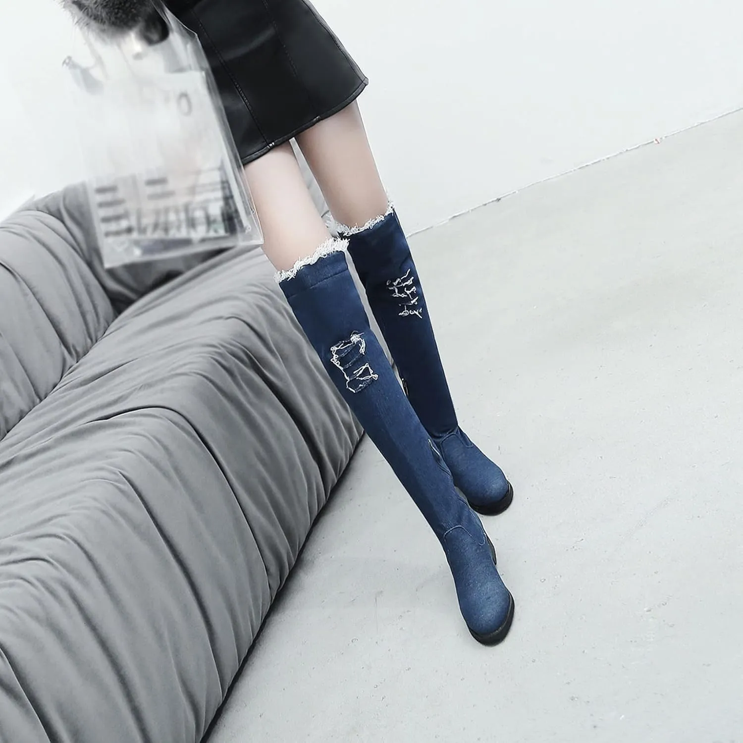SHEMEE Women's Denim Low Heels Over The Knee Boots Flat Thigh High Boots Round Toe Side Zipper Long Boots