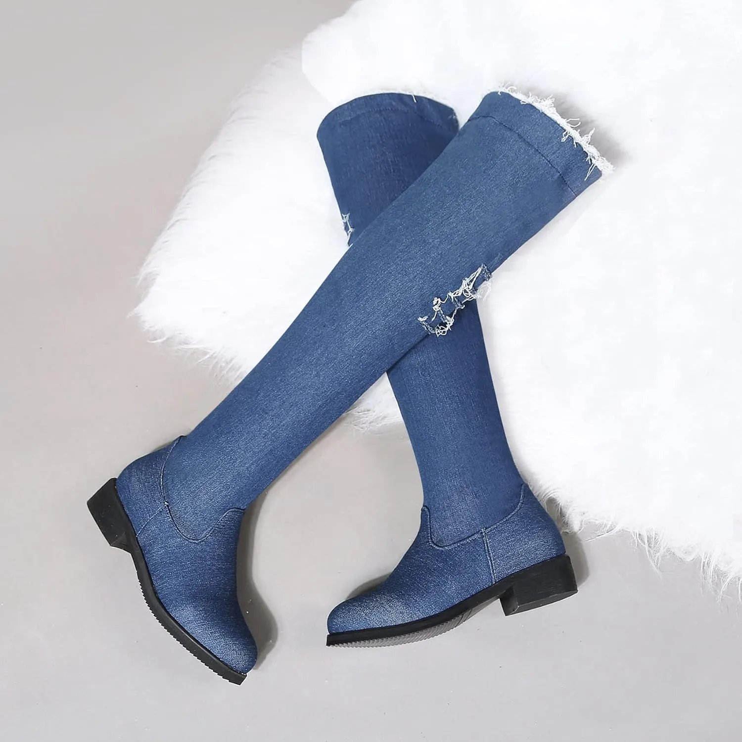 SHEMEE Women's Denim Low Heels Over The Knee Boots Flat Thigh High Boots Round Toe Side Zipper Long Boots