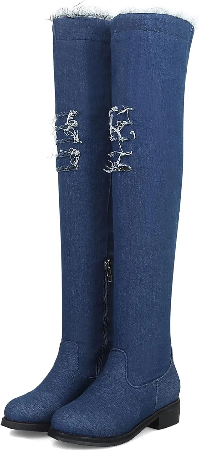 SHEMEE Women's Denim Low Heels Over The Knee Boots Flat Thigh High Boots Round Toe Side Zipper Long Boots