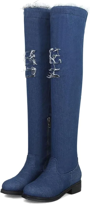 SHEMEE Women's Denim Low Heels Over The Knee Boots Flat Thigh High Boots Round Toe Side Zipper Long Boots