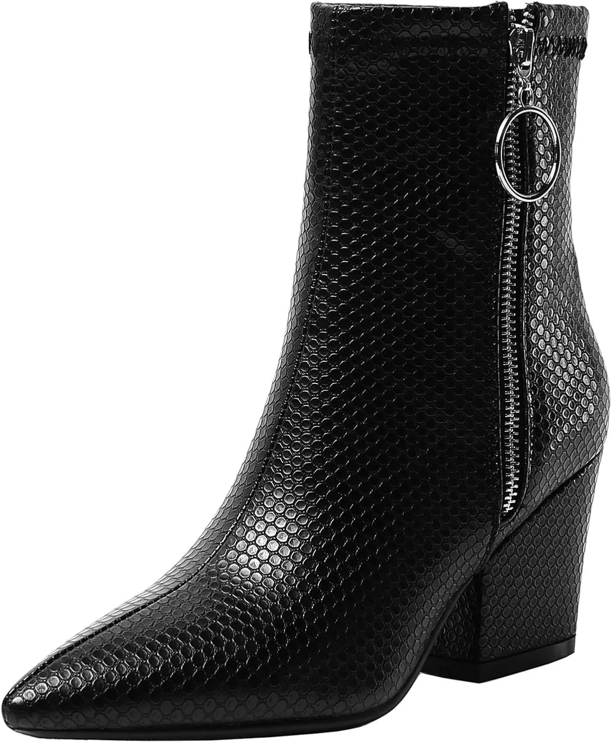 SHEMEE Women's Snakeskin Chunky High Heels Booties Pointed Toe Block Heel Snake Print Side Zipper Ankle Boots Fashion Dress Shoes