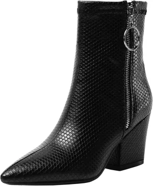 SHEMEE Women's Snakeskin Chunky High Heels Booties Pointed Toe Block Heel Snake Print Side Zipper Ankle Boots Fashion Dress Shoes