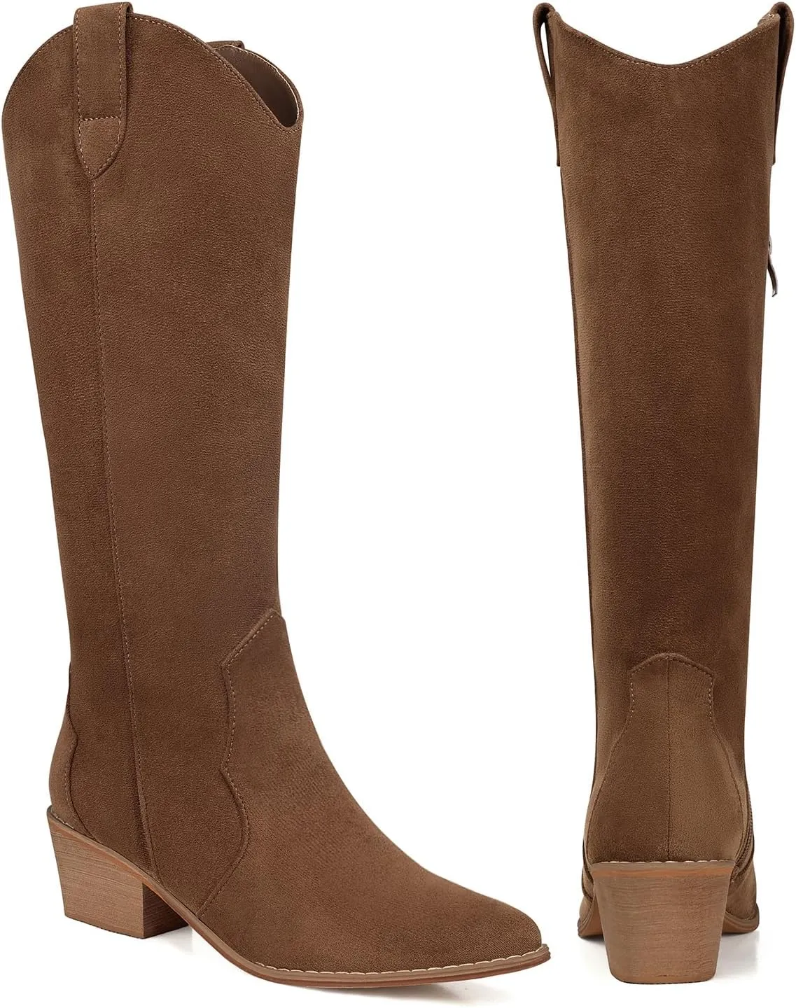 SHIBEVER Cowboy Boots for Women Knee High Suede Pointed Toe Cowgirl Boots Embroidered Pull-On Chunky Heel Western Boots