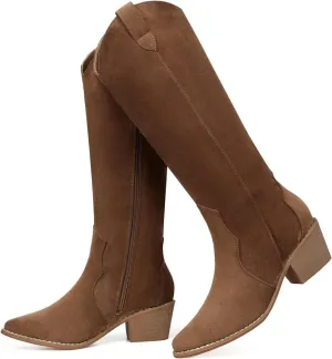 SHIBEVER Cowboy Boots for Women Knee High Suede Pointed Toe Cowgirl Boots Embroidered Pull-On Chunky Heel Western Boots