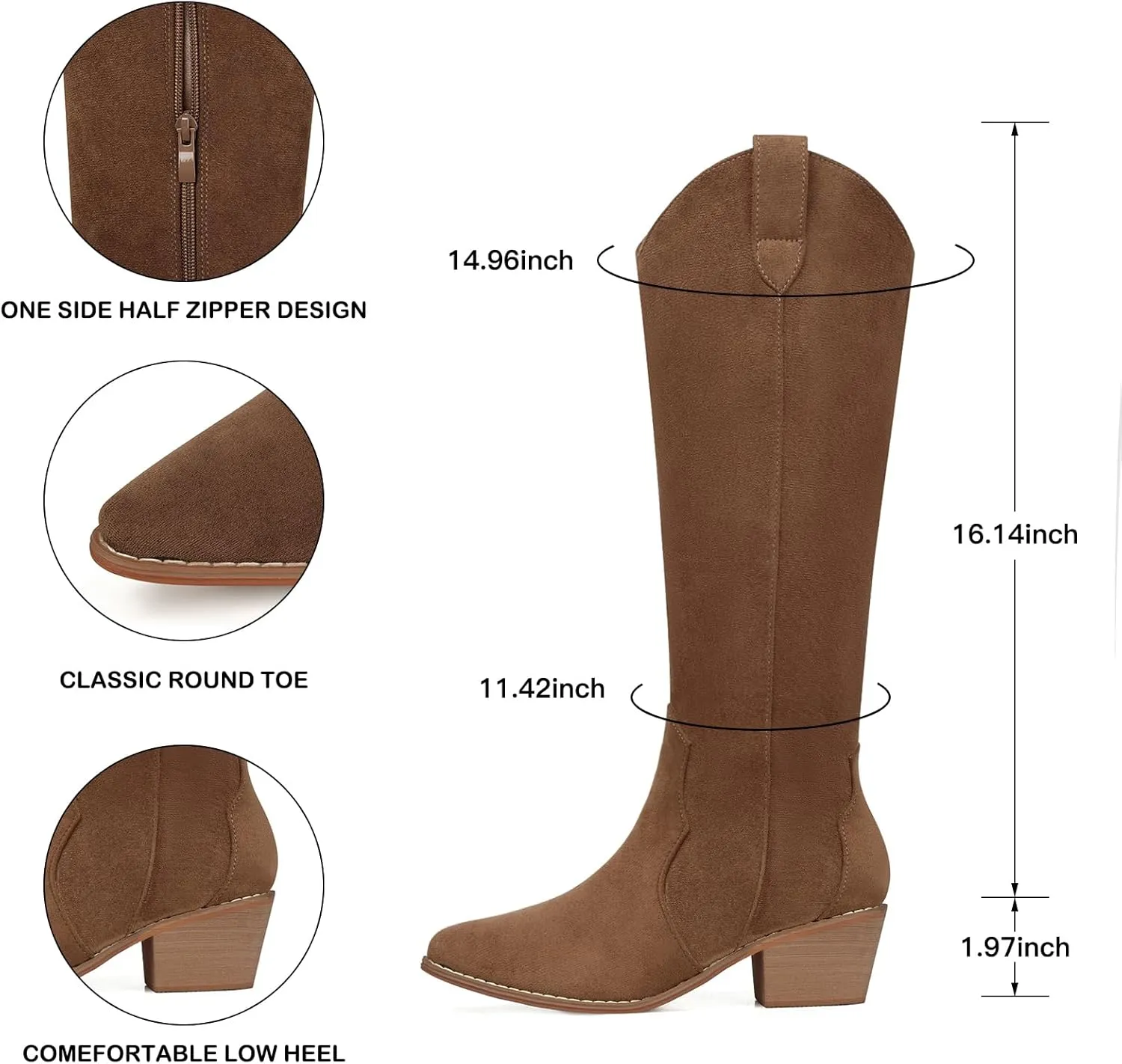 SHIBEVER Cowboy Boots for Women Knee High Suede Pointed Toe Cowgirl Boots Embroidered Pull-On Chunky Heel Western Boots