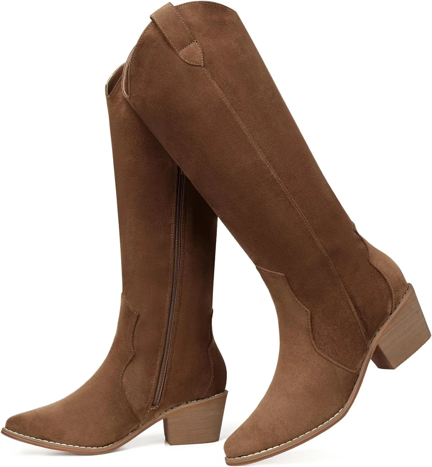 SHIBEVER Cowboy Boots for Women Knee High Suede Pointed Toe Cowgirl Boots Embroidered Pull-On Chunky Heel Western Boots